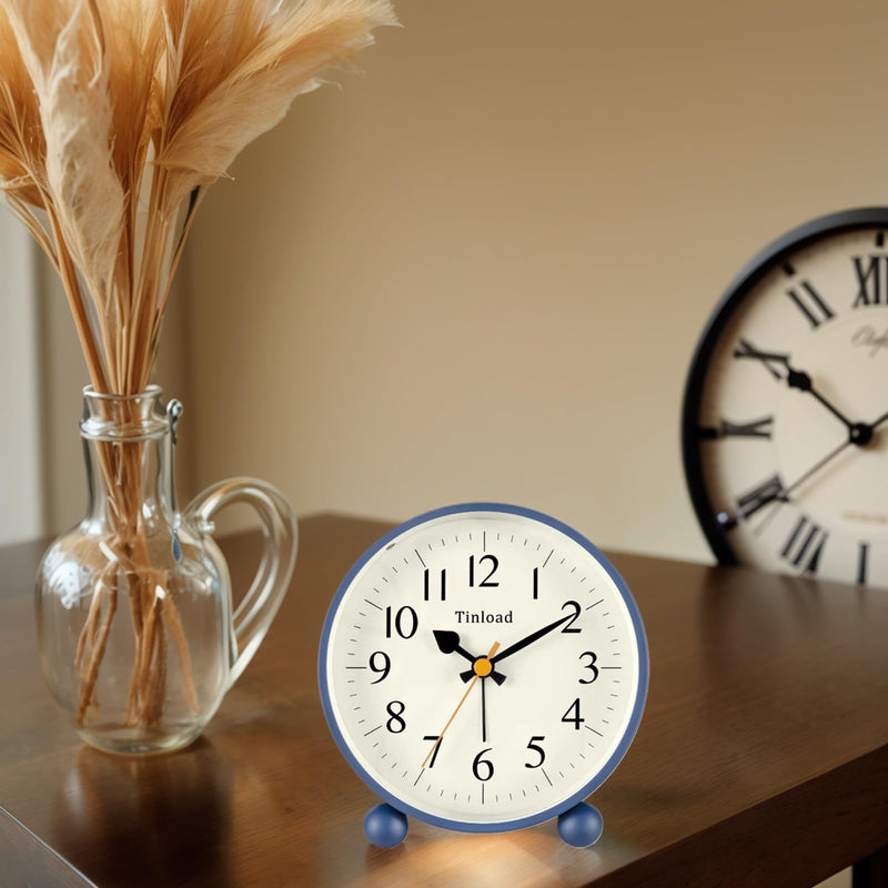 4.5" Vintage Retro Analog Alarm Clock, Super Silent Non Ticking Small Clock with Manual Light, Snooze, Battery Operated, for Living Room, Bedroom, Bedside, Desk(Blue) Blue