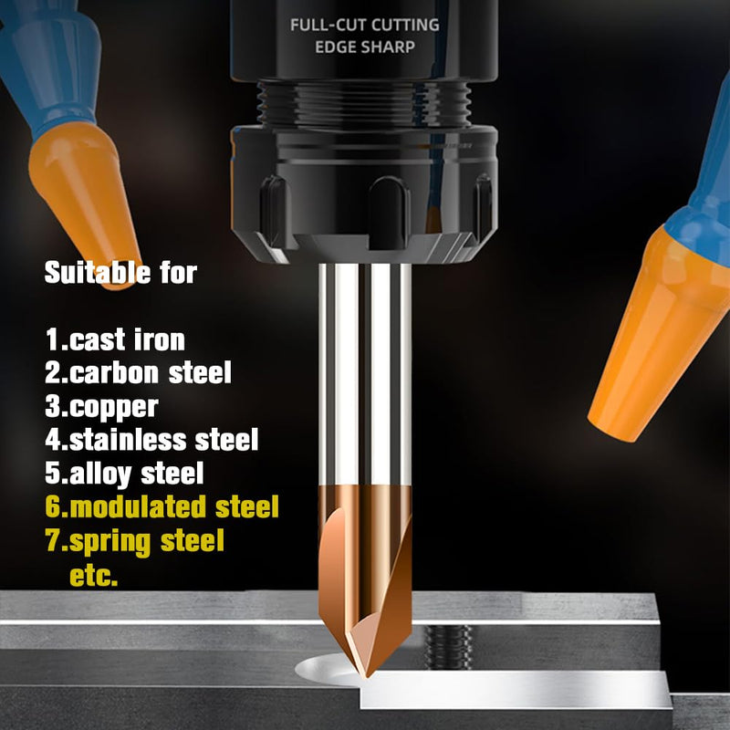 Carbide Chamfer End Mill 90 Degree 1/4" Shank Dia - Carving Bits, V Groove,Tisin Coated 3 Flute - for Alloy Steels, Hardened Steels 1/4" 90° for Steel