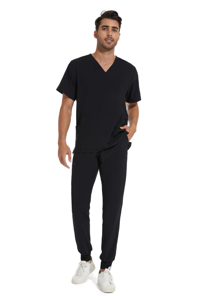 COZYFIT Men Scrubs Set — Stretch V-Neck Scrub Top & Jogger Pant with 8 Pockets, Yoga Waistband, Anti-Wrinkle Scrubs for Men Black Large
