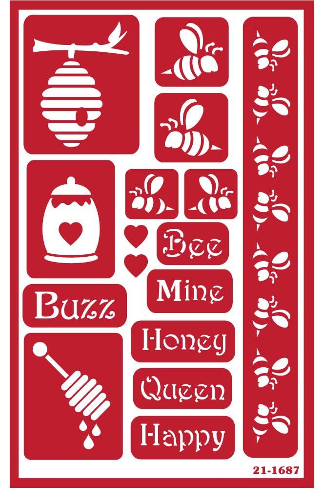 2 Reusable Glass Etching Stencils - Gnome and Honey Bee Themed Etch Stencil - Hive, Bees, Words Theme Design - Set Includes Brush