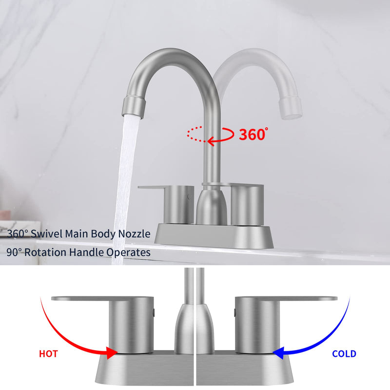 Bathroom Faucet Brushed Nickel 2-Handle Bathroom Sink Faucet 360 Degree High Arc Swivel Spout Centerset 4 Inch Vanity Faucet RV Bathroom Faucet 3 Holes Lavatory Faucet without drain 4 inch c