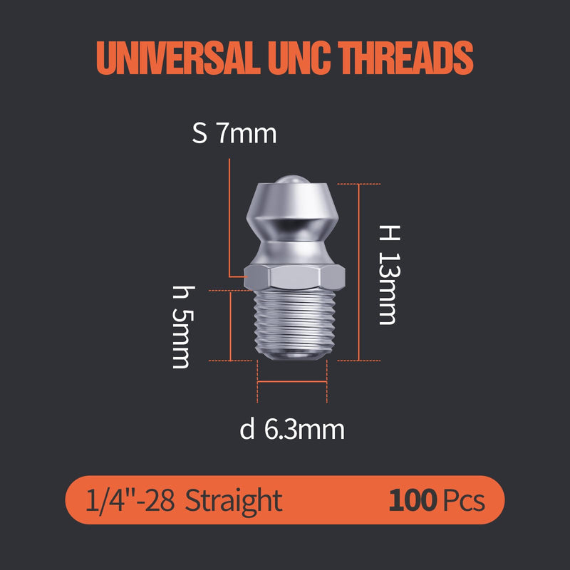 1/4"-28 Zerk Grease Fittings, SAE Grease Nipples with Straight, Grease Fittings Kit with Wrench for Quick Installation – Ideal for Automotive, Agricultural & Industrial Machinery (100pcs) 1/4"-28-St.(100pcs)