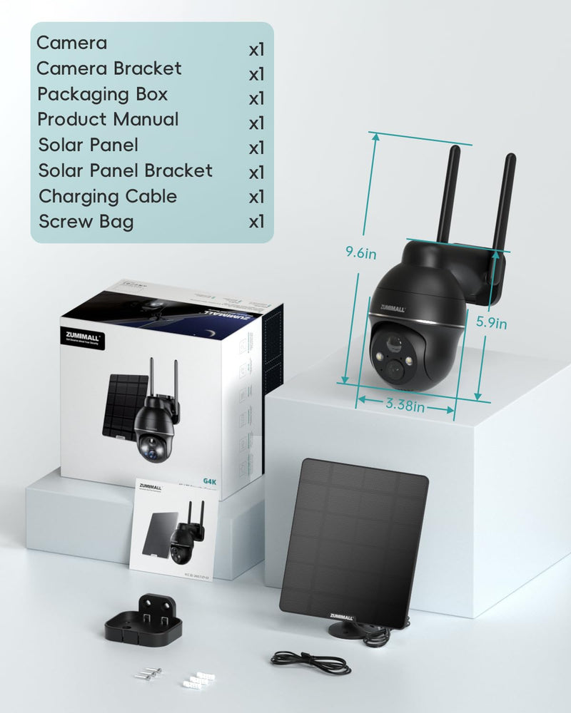 ZUMIMALL 4G LTE Cellular Solar Security Cameras Wireless Outdoor, 3MP No WiFi Cameras for Home Security, 360° Live View, 2K Color Night Vision, PIR Motion Sensor, 2 Way Talk, Built in SIM Card Black - 4G LTE Solar Cam