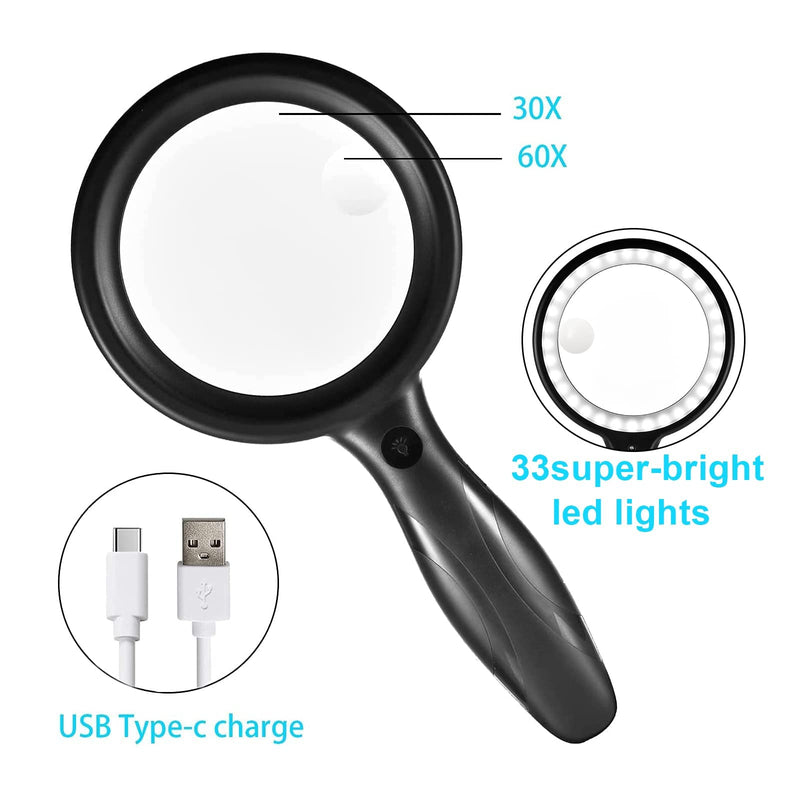Magnifying Glass with Light, 30x 60x Magnifying Glass for Reading Lighted - 33 LEDs Magnifying Glass Magnifier Magnifier with Light Black