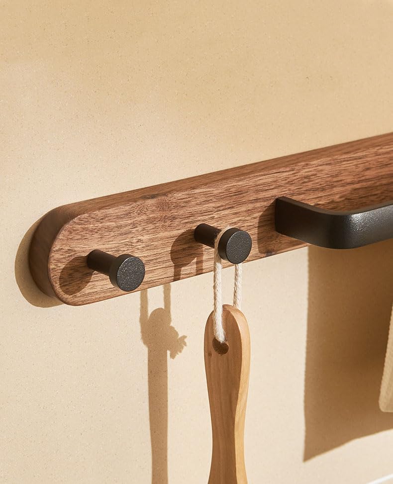 Rustic Burnt Wood Bathroom Towel Bar with Metal Rod, Wall Mounted Bath Towel Rack Bathroom Hook Row Hook 58cm 22.83