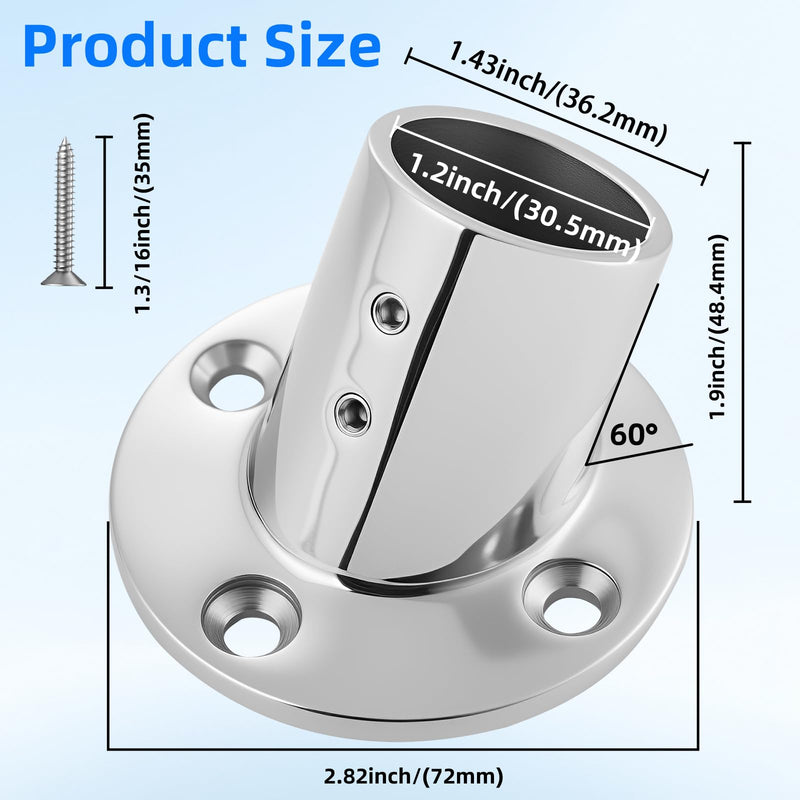 Heavy Duty 316 Stainless Steel Boat Hand Rail Fitting, 1-3/16" Round Base Marine Deck Hardware, Pipe Connector Bracket for Yacht, Pontoon and Center Console (2 PCS) 60 Degree