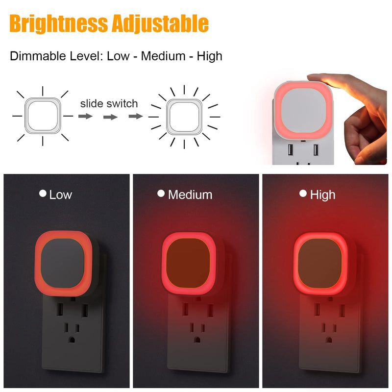 2 Pack Plug in Dimmable Red Night Light, Auto Dusk to Dawn Sensor, LED Night Light, Soft Glow, Diffused Light, Square Nightlight for Kids, Bathroom, Hallway, Bedroom, Kitchen, as Gifts