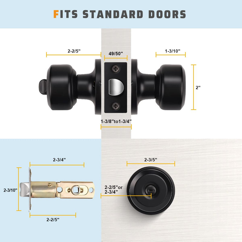 KNOBWELL 4 Pack Privacy Door Knob with Lock, Bedroom/Bathroom Door Knob, Matte Black Interior Door Knobs, Keyless Stainless Steel Door Handle, Black Round Doorknobs