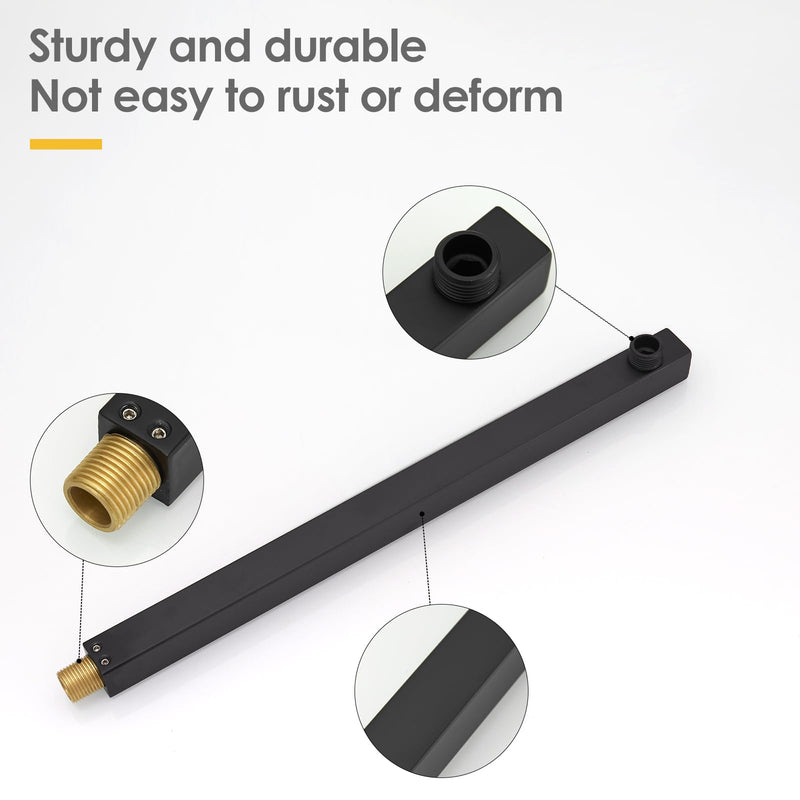 BESy 16 Inches Straight Extended Shower Arm With Flange, Rain Shower Head Extension Arm, Square Shower Rod Shower Head Extender Arm Shower Pipe Extension, Wall-Mounted Matte Black Stainless Steel