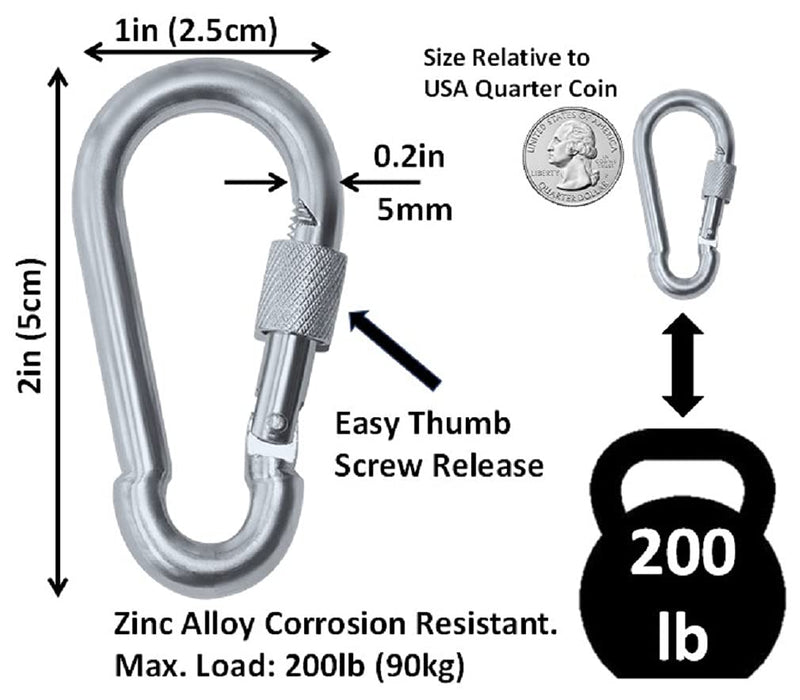 Black & Silver Heavy Duty Bushcraft Locking Thumb Screw Closure Zinc-Galvanized Steel Carabiner Spring Snap Clip Link Hooks 200-400lb Load. 6 & 12 Packs 5cm 6-Pack Silver