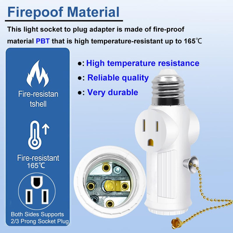 Light Socket to Plug Adapter,Convert E26 Light Socket to 3 Prong Outlet Adapter,Equipped with Bulb Control Switch,Polarized Light Socket Adapter Splitter,White,2 Pack White