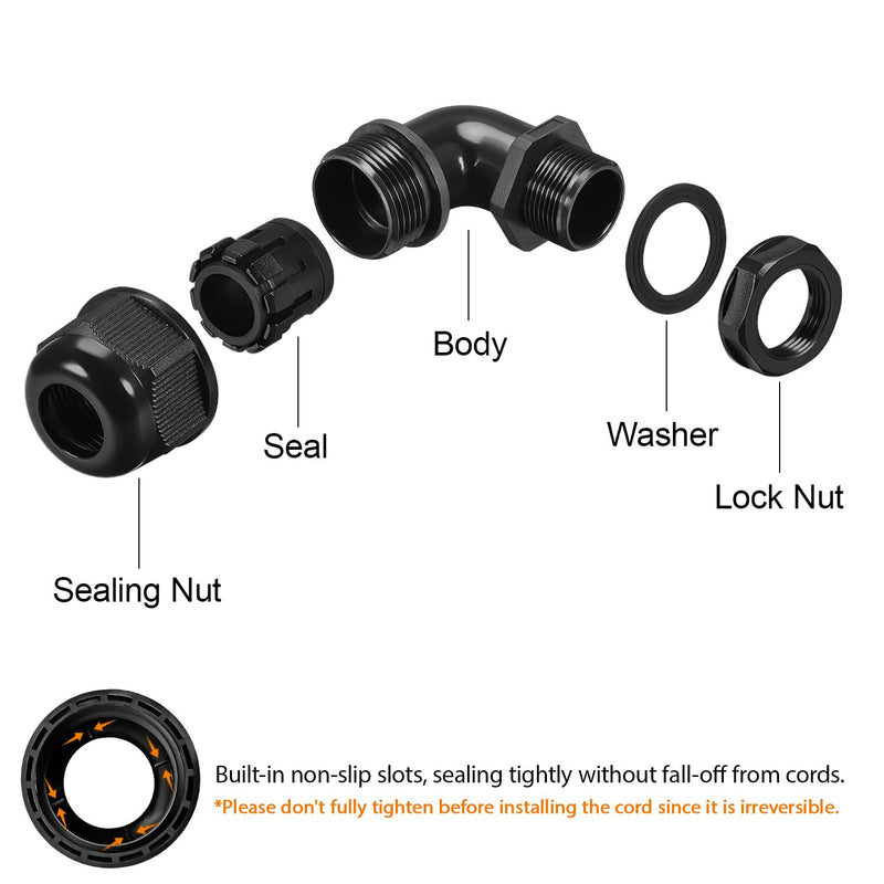 LeMotech M12 Cable Gland, 90 Degree Adjustable 4-8mm Strain Relief, Cord Connectors Nylon Joints with Gaskets, 2 Pcs, Black M12-2pc