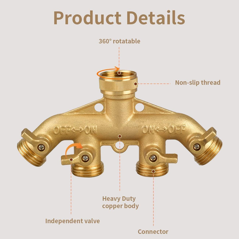 Will never break NPT3/4 Copper Four Outlet Faucet Diverter Valve 4 Way Heavy Duty Brass Garden Hose Splitter, Hose Connector 3/4", Hose Spigot Adapter with 4 Valves (4 Way)