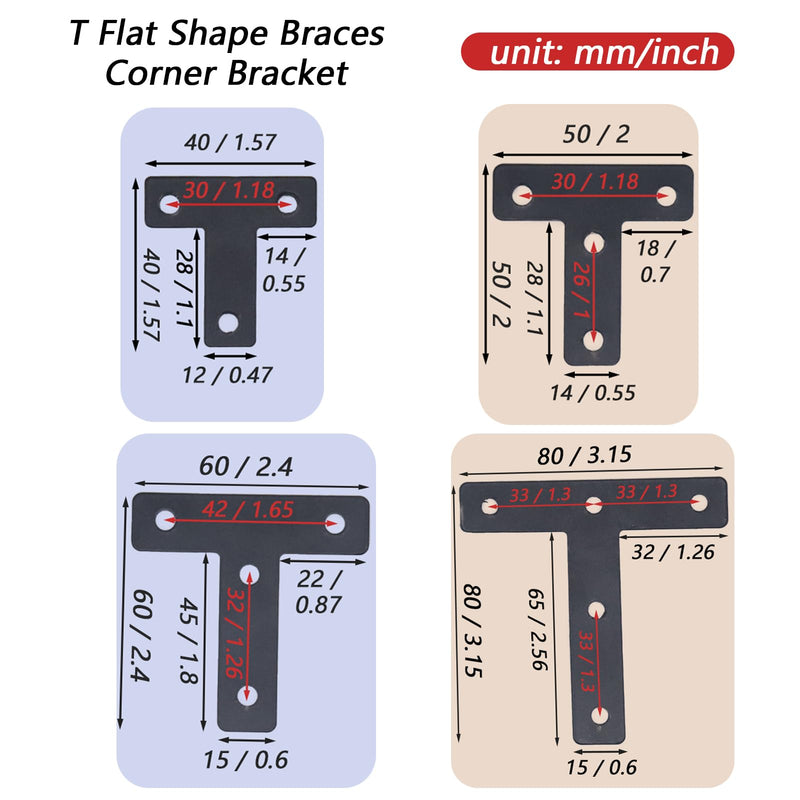 20pcs T Flat Shape Braces Corner Bracket, 80x80 mm Decorative Corner Brackets Mending Plate, Stainless Steel T-shaped Bracket for Wood Furniture Fixing T Black 80x80 mm