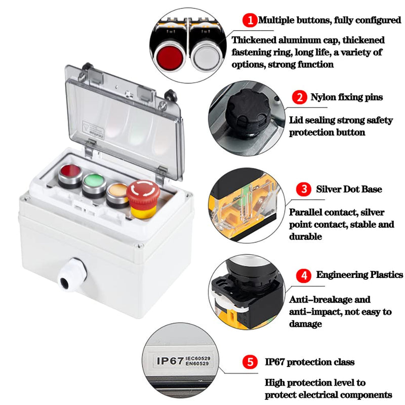 Push Button Box Ip67 with Emergency Stop Button Red Green Yellow Momentary Push Button Button with Protective Cover Anti-Misoperation Switch(Ac/Dc 6a-110v/3a-240v/2.5a-380v) Single row red/green/yellow/emergency stop button