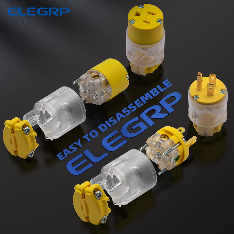 ELEGRP Lighted Straight Blade Electrical Plug and Connector Set 15 Amp 125 Volt NEMA 5-15P NEMA 5-15R 2 Pole 3 Wire Grounding, Commercial Grade, Yellow, 5 Set Plug & Connector Set