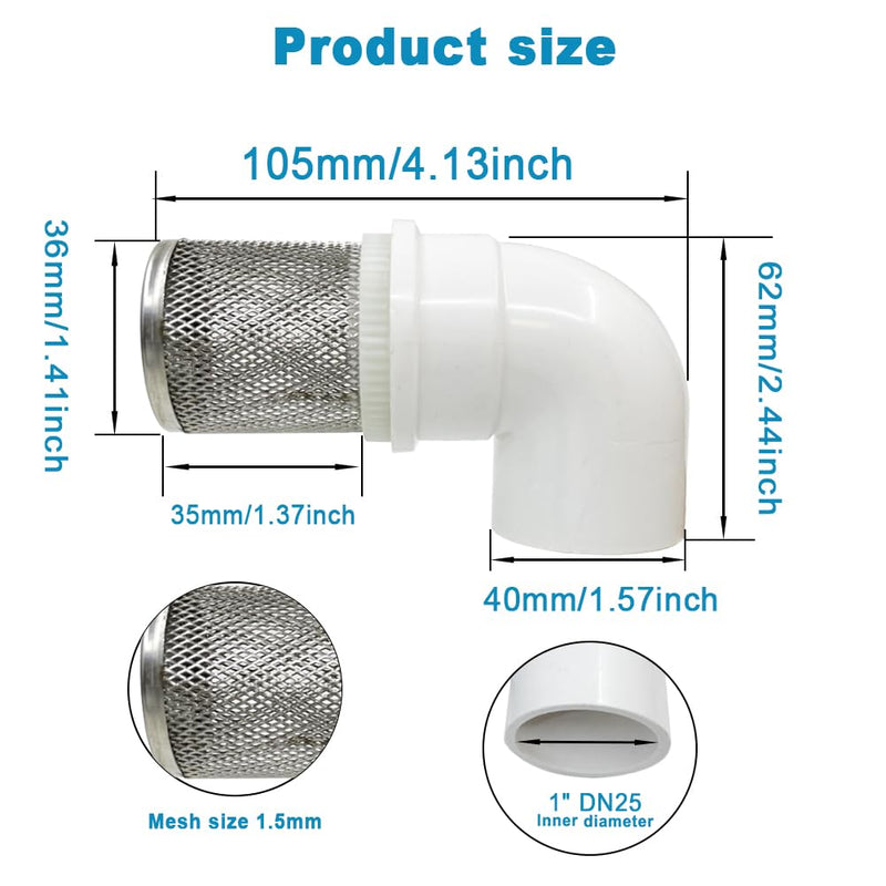 Cotonlake1 inch Stainless Steel Filter Cover Connected to 90 degree elbow 1" /DN25 PVC Water Pipe, Suction Strainers Used to Remove Debris and Reduce Solid Entry (1pcs) 1"DN25