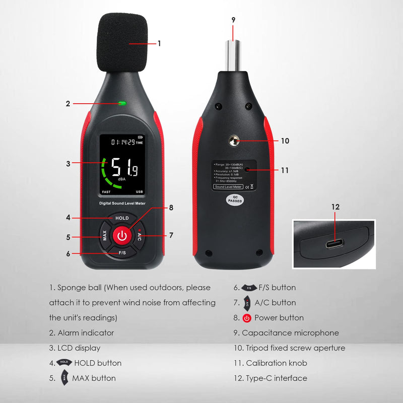 Decibel Meter Sound Level Meter Professional Sound Level Reader Detector 30dB to 130dB MAX Data Hold, Noise Monitor Digital SPL dB Meter With Alarm, Data Record & Rechargeable Function