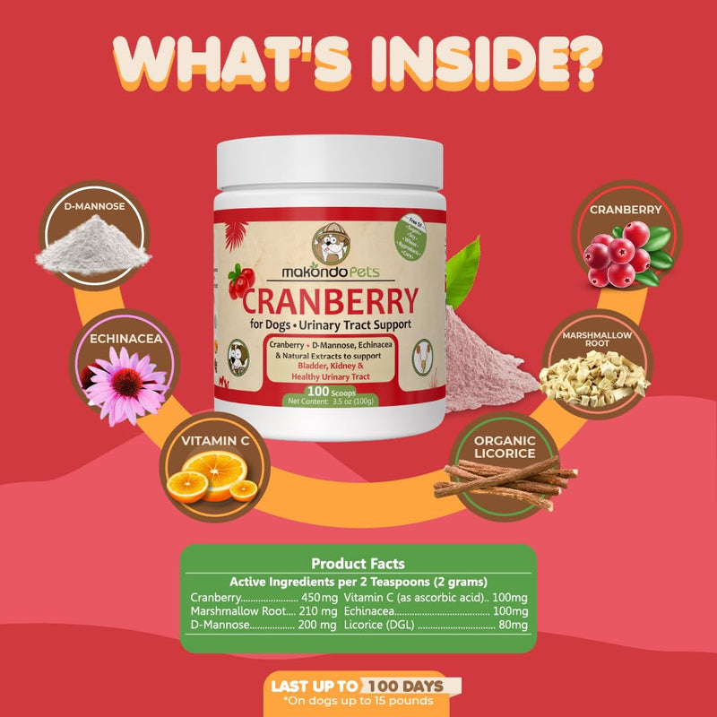 Dog Cranberry Supplement - Natural Dog UTI Treatment & Kidney Support for Dogs. Dog Supplement Powder Same as Cranberry Pills for Dogs. Puppy Supplies for Dog Pee Health - Dog Incontinence Product 100 Serves - PawsPlanet Australia