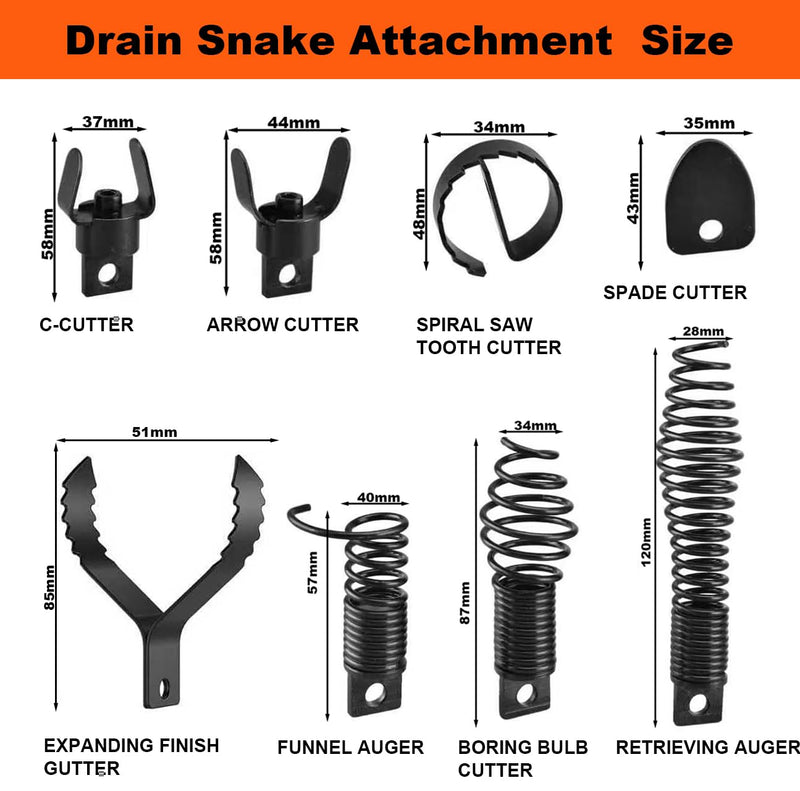 8-Piece Drain Snake Kit for 5/16" to 3/4" Cables – Heavy-Duty Manganese Steel Cutters for Roots, Grease & Stubborn Clogs – Includes Storage Case & Metal Ring 8-piece