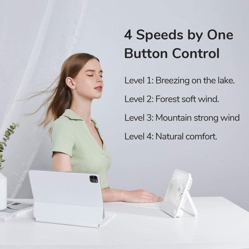 JISULIFE Desk Fan Battery Rechargeable, 4500mAh 180°Foldable Portable Personal Fan, 4 Speeds Adjustable Long Battery-life for Home Office Travel Outdoor Gifts for Women Men-White White