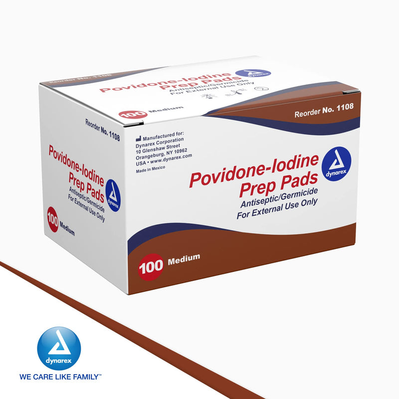 Dynarex Povidone-Iodine Prep Pads, Saturated with Povidone Iodine 10%, Medical-Grade Antiseptic Wipes Used for Prepping Prior Minor Procedures, Medium, 1 Case of 100 Prep Pads 100 Count (Pack of 1)