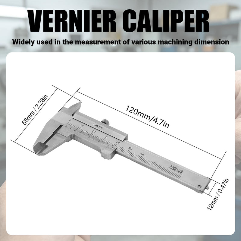 Vernier Caliper, 50mm Vernier Caliper, Measuring Tool 0.05mm Accuracy Metric Imperial Dual Scale Stainless Steel Range 0‑50mm Inside Outside Depth Step Measurements
