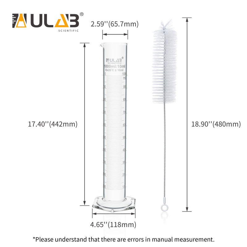 ULAB Measuring Cylinder Set with 1 PC Brush, Including 1PC 1000ml Cylinder, Hexagonal Base, 3.3 Boro Glass,with spout,Class B, UMC1014