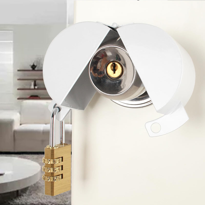 Door Knob With Lock，Without Drilling door handle lock，From Outside Prevents Turning of Door Knob and Access to Keyhole,for Apartment Evictions，dementia patients ,Childproof (White with padlock) Gray matte white