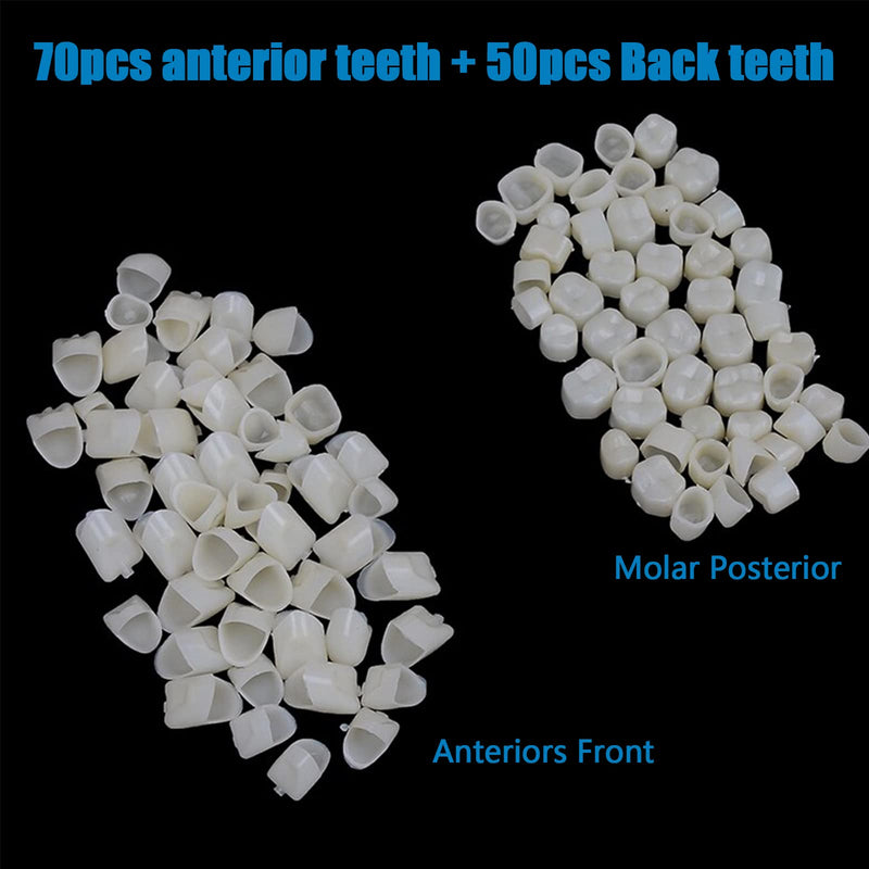 120 Pieces Fake Tooth Cap Crown Veneers Front Back Anterior and Molar Posterior Teeth with Thermal Beads Cap Filler for Teaching or DIY (50pcs Front and 70pcs Back) 60pcs front and 60pcs back