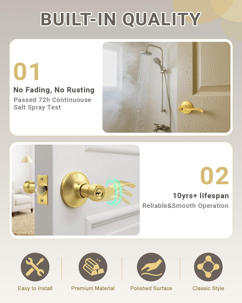 KNOBWELL 2 Pack Gold Door Handle with Lock and Key, Keyed Alike Gold Door Knob for Front/Entrance/Bedroom, Reversible for Left&Right Keyed Entry(Keyed Alike)