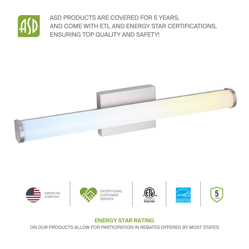 ASD LED 18 Inch Wall Mount Vanity Lighting Fixture | 20W 1500LM 3000K-5000K 120V | 3CCT, Dimmable, Energy Star, ETL Listed | Bathroom Linear Light Bar, Long Tube Bath Sconce | Nickel Brushed Nickel (1pk)