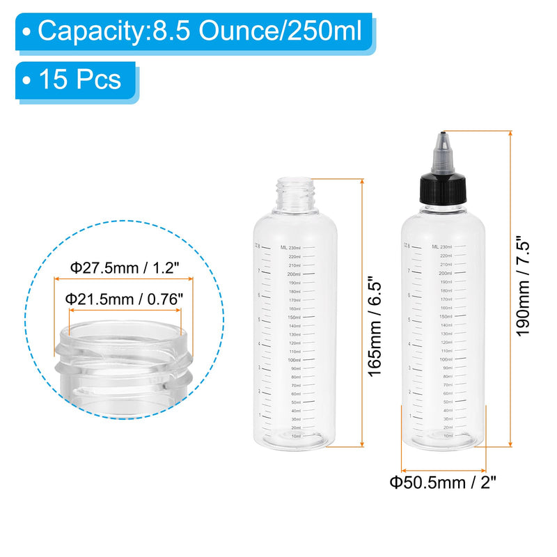 PATIKIL 8.5oz(250ml) Plastic Dispensing Bottle, 15Pcs Squeeze Graduated Empty Bottles with Black Twist Cap for Liquids, Inks, Oils, Sauces, Arts and Crafts, Transparent Clear Black 8.5oz(250ml)