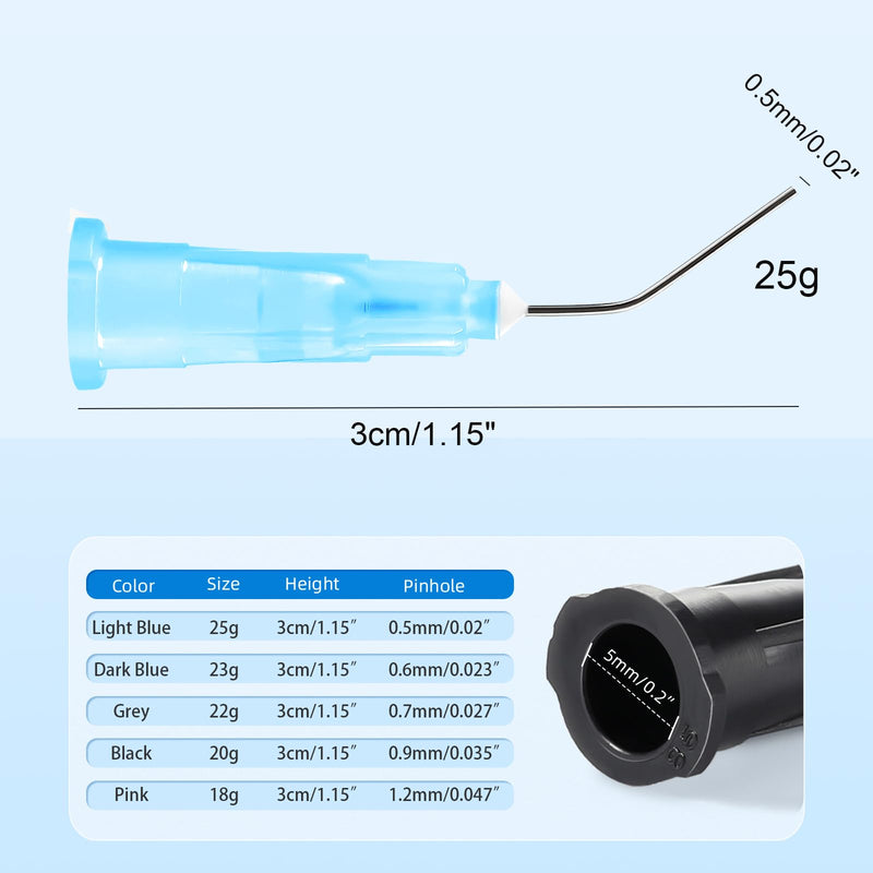 JMU 100Pcs Bent Dispensing Tips 25g, Blunt Tip Dispensing Needle, Dental Pre Bent Flow Dispensing Etch Tips, Disposable Oral Irrigation Needle Tips, Light Blue 100