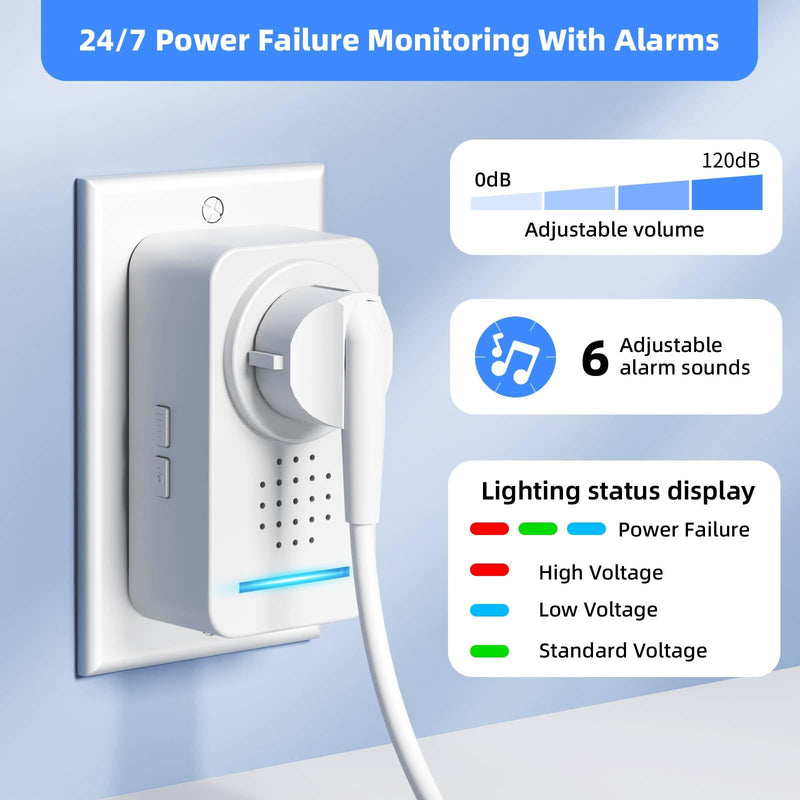 0-120dB Super -Loud Power Failure Alarm 6 Alert, Adjustable Freezer Alarm 12H, Power Outage Alarm for Freezer, Power Loss Alarm Monitor for Freezer, Fridge, Refrigerator, GFI/ GFCI(1PACK)