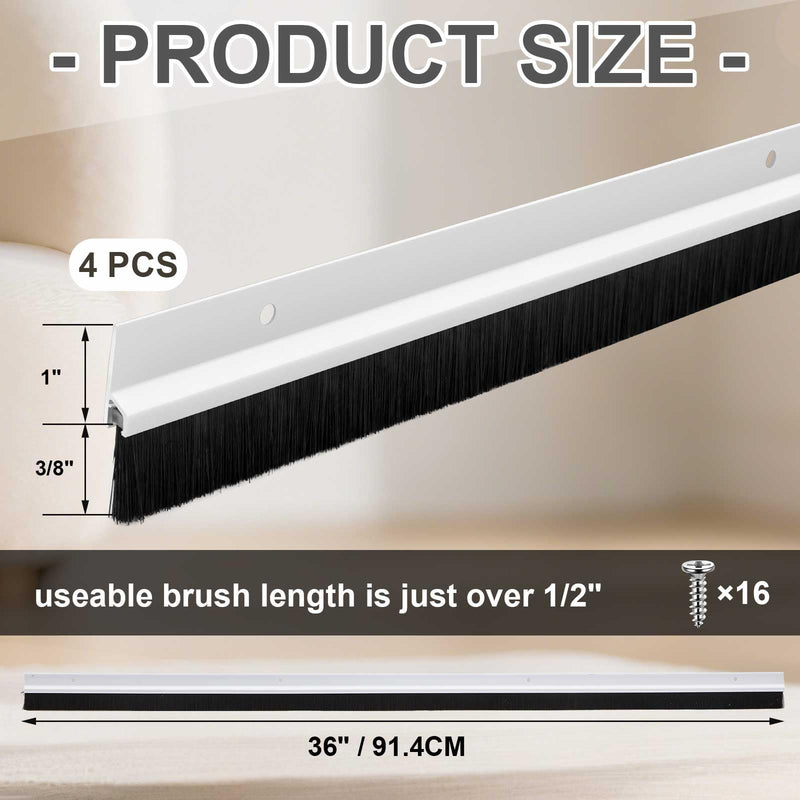Gisafai 4 Pcs White Plastic Door Brush Bottom Sweep, 36 x 1.75 Inch Weather Stripping with 16 White Screws, Dust & Debris Proof Door Seal for Home Commercial Gaps