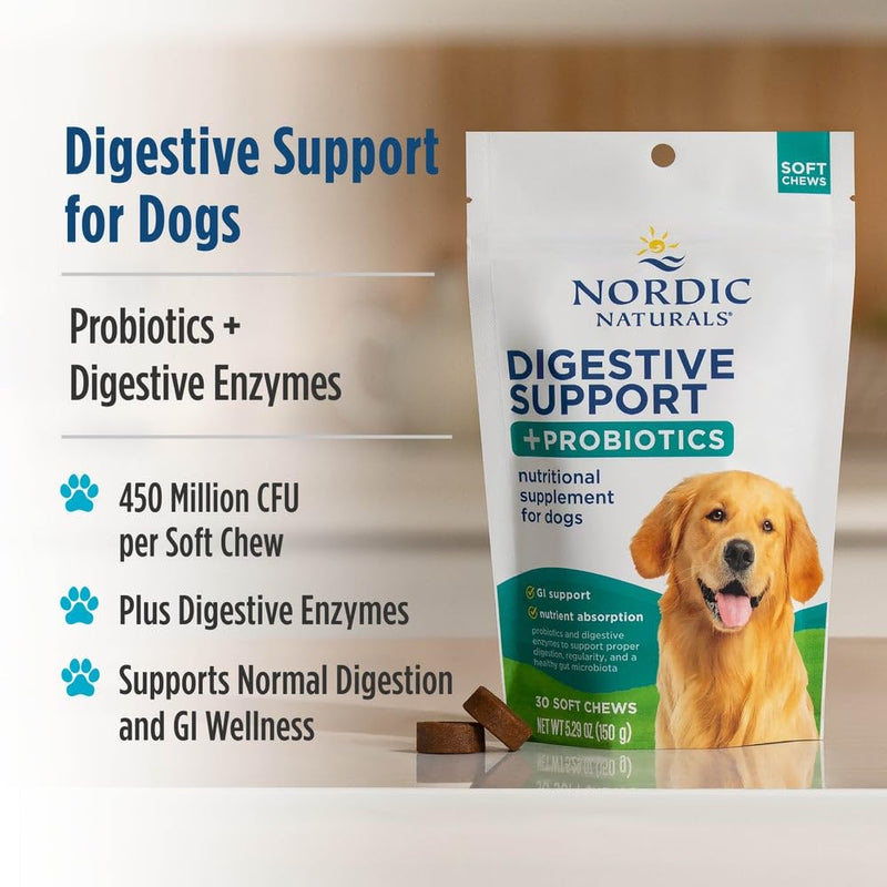 Nordic Naturals Pet Digestive Support with Probiotics, Pork Bone Broth Flavor - 30 Soft Chews - Nutritional Supplement for a Healthy Digestive System and GI Support - 30 Non-GMO Chews