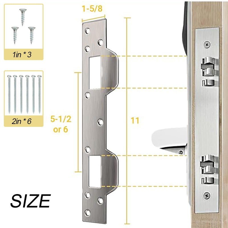 Door Strike Plate Reinforcement Plate - Double Holes,for Use with 5-1/2 in. and 6 in.Front Door Security Devices Metal Striker Plates Door Latch Plate,Steel, Satin Nickel, Silver(2 Pcs) 2