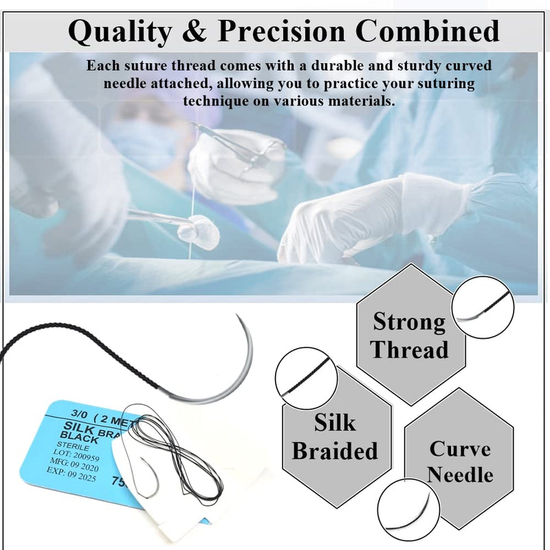 HTI Practice Suture Thread 3-0 Silk Sterile with Needle Box of 12 Pcs for Nursing Student Training Kit Practicing Suturing MD, RN, EMT, Vet Demo