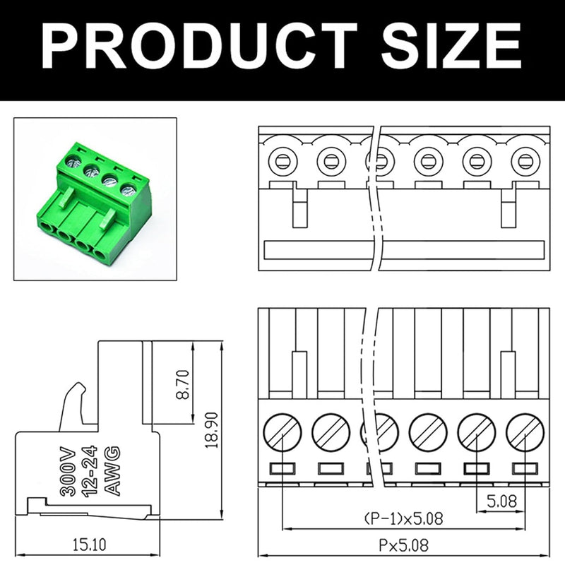 20 PCS 2 Pin 5.08mm Pitch Pluggable PCB Screw Terminal Block Phoenix 8 Pin Plug for 24-12AWG