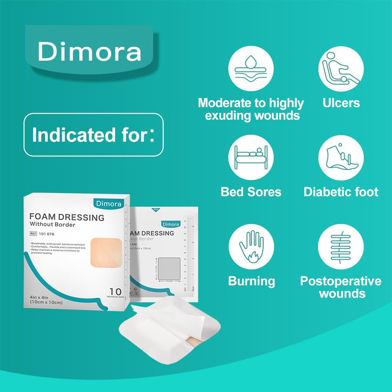 Dimora Foam Dressing, Sterile Non-Adhesive Hydrophilic Pads, Highly Absorbent 4"x4"(10 cm*10 cm) Pack of 10 Square Waterproof Dressing for Wound Care 4"x 4"(10PCS)