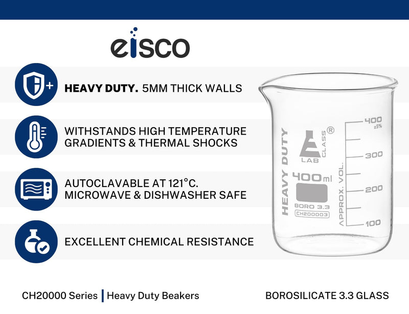EISCO 12PK Heavy Duty Beakers, 50ml - 2.2mm Thick, Uniform Walls - Superior Durability & Chemical Resistance - White Graduations - Borosilicate 3.3 Glass