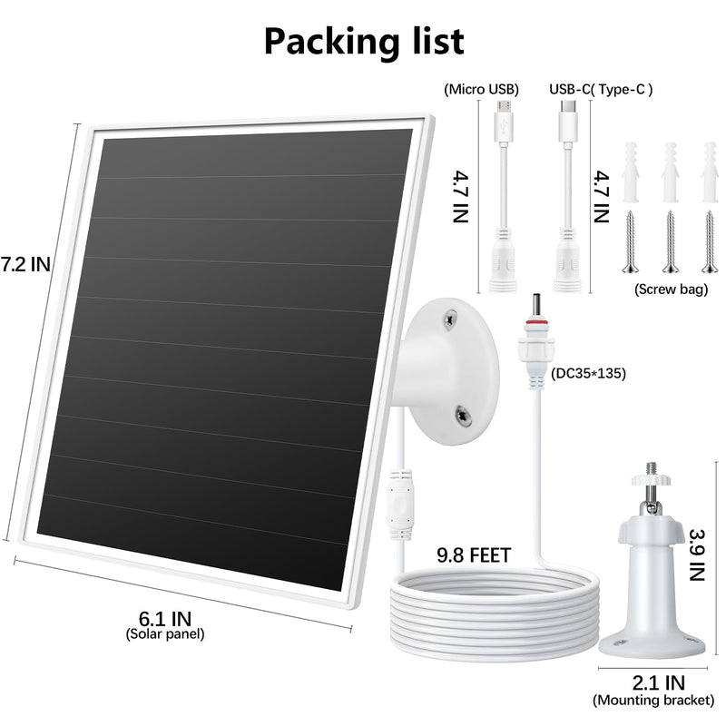 6W Solar Panel Charger for Outdoor Security Cameras. Micro USB/USB - C/DC (35 * 135) Fits Eufy/Wyze/Ring Camera, 9.8ft Cable,Waterproof Stabilization System for Battery Protection Fast Charging white-1Pack