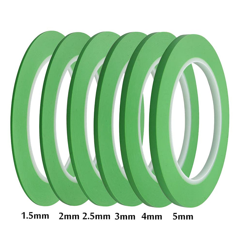 JINBING Mix 6Rolls High-Temp Vinyl Fine Line Masking Tape Automotive Paint for Curves Green 1.5mm 2mm 2.5mm 3mm 4mm 5mm (Pack of 2) 1.5mm 2mm 2.5mm 3mm 4mm 5mm x 25m (Pack of 2)