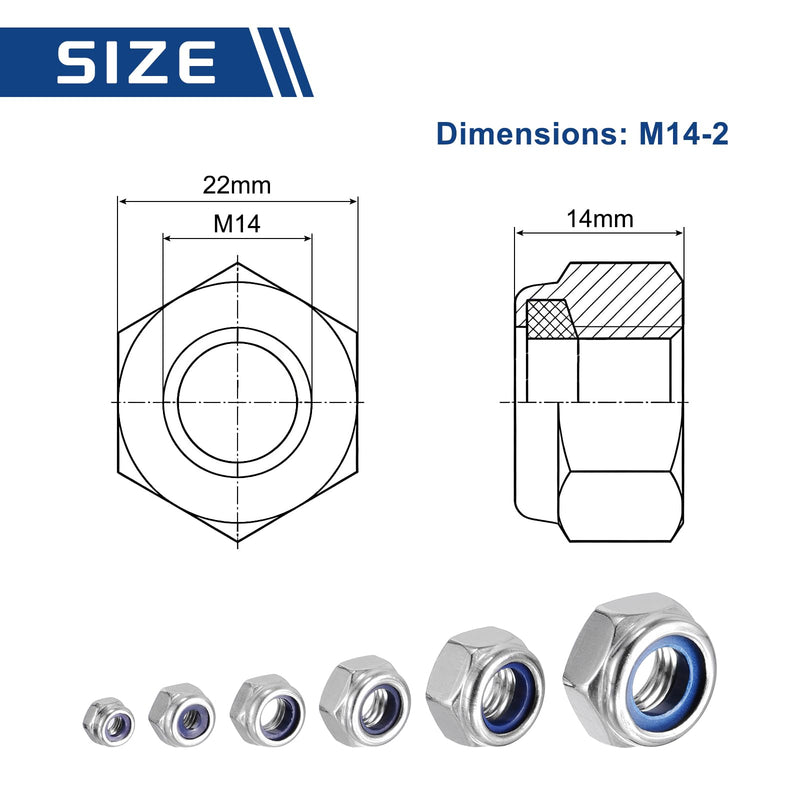25Pcs Nylon Locking Hex Nuts - [M14 x 2mm], 316 Stainless Steel(18-8) Hardware Nuts, Silver,for Automotive, Aerospace, Industrial Applications Use M14 x 2mm 25