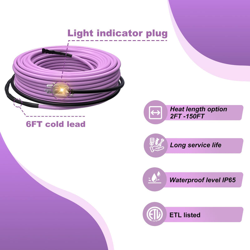 2FT Pipe Heat Cable for Pipe Freeze Protection Water Pipes Self-Regulating Heating Cable for water pipes Keeps Water Flowing at -40°F 2 Feet