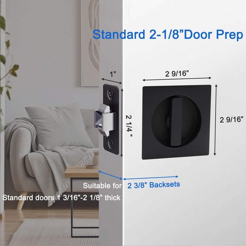 Dontay Pocket Door Passage Lock, Double Sided Rotation,No Key, Privacy (Bed/Bath) Latch, Flush, Large Locking Lever, Hardware for 1 3/8” to 2 3/16” Thickness Door (Matte Black, 1 Pack(Square)) 1 Pack(Square) Matte Black