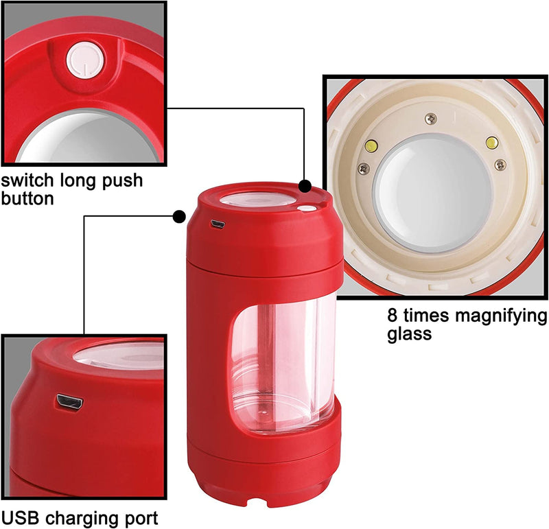 Light-Up LED Transparent Seal Storage Jar，Magnifying Viewing Glass Airtight Jar with Grinder ，8 x Magnification Glass(Red) Red