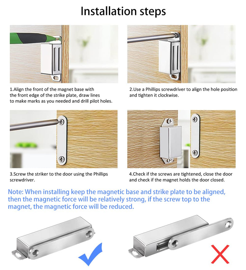 Onarway Magnetic Door Catch 40 lbs Pull Strong Magnet Cabinet Latches Magnetic Hardware Stainless Steel Chrome Door Closer for Bathroom Kitchen Sliding Door Window Cupboard (4 Pack-Strength 20KG) 40lbs Strength 4 pack Silver