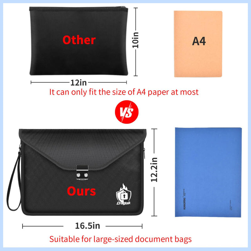 Fireproof Document Bag with Lock, 6400℉ Large Fire proof Money Bag (16.5"x12.2") for Cash Organizer Safe, 12-Layers Waterproof Zipper Holder Protects Passport, Important Documents, Valuables